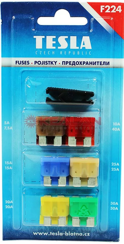 Предохранители 5A/7.5A/10A/15A*2/20A*2/25A*2/30A*2/40A*2 +щипцы (к-т 12шт) - TESLA TEHNICS/F224