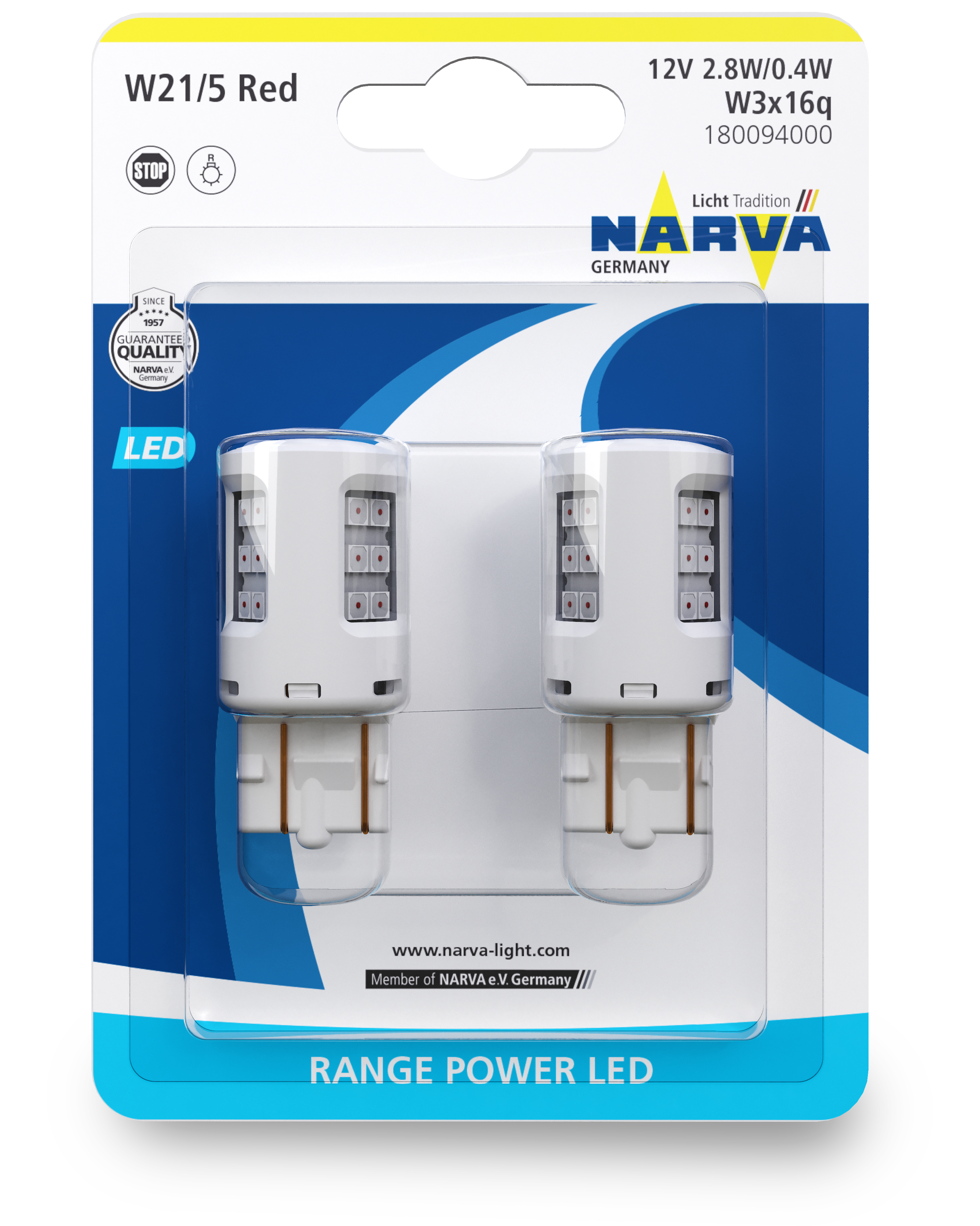 Лампа LED 12V 2,7W W21/5 BAU15s RED-красный (комплект 2шт) Range Power LED - NARVA/180094000