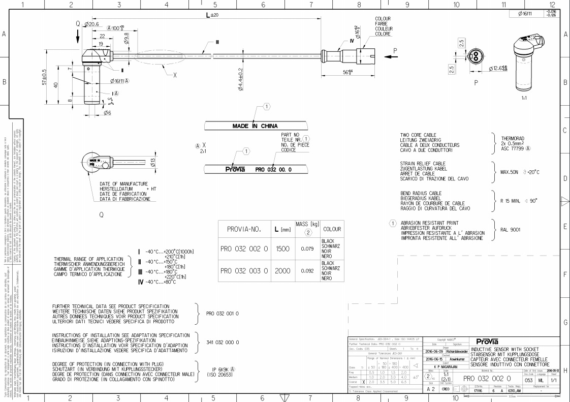 Датчик ABS L=2000 MB/DAF/SCANIA/IVECO/RVI угловой, + смазка + втулка - ProVia (brand Wabco)/PRO0320030