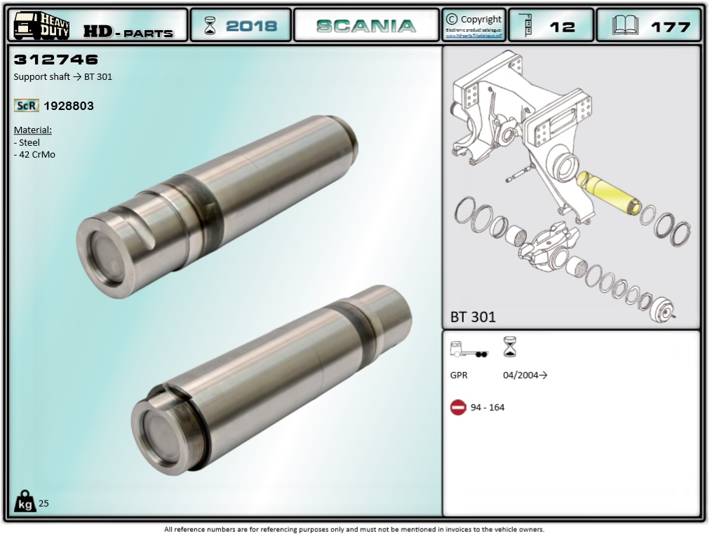 Ось балансира SCANIA-L/G/P/R/S, BT301, BT400 - HD Parts/312746