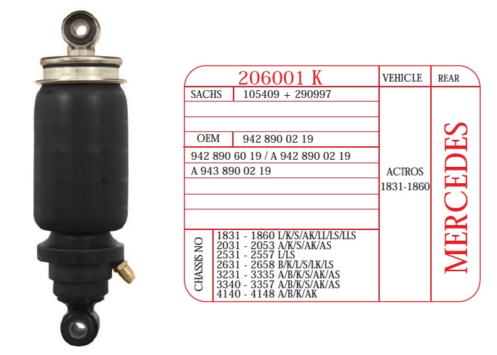 Амортизатор кабины MB ACTROS 280-315 O/O 14x40/14x40 в сборе с подушкой - AIRKRAFT/206001K
