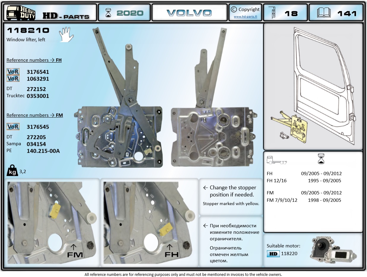 Стеклоподъемник VOLVO FH/FM лев. с электроприводом (без электродвигателя) - HD Parts/118210