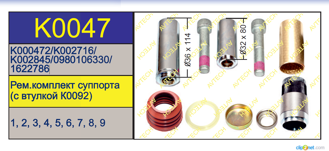 Р/к суппорта KNORR SN6/7 c 2002г. (пыльники+направл.+болты) - AVTECH/K0047
