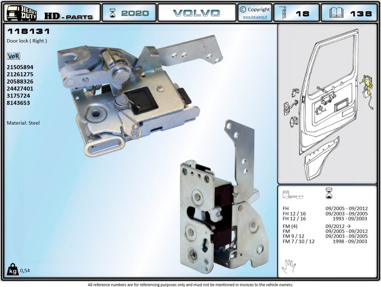 Замок двери VOLVO FH/FM/VNL правый - HD Parts/118131