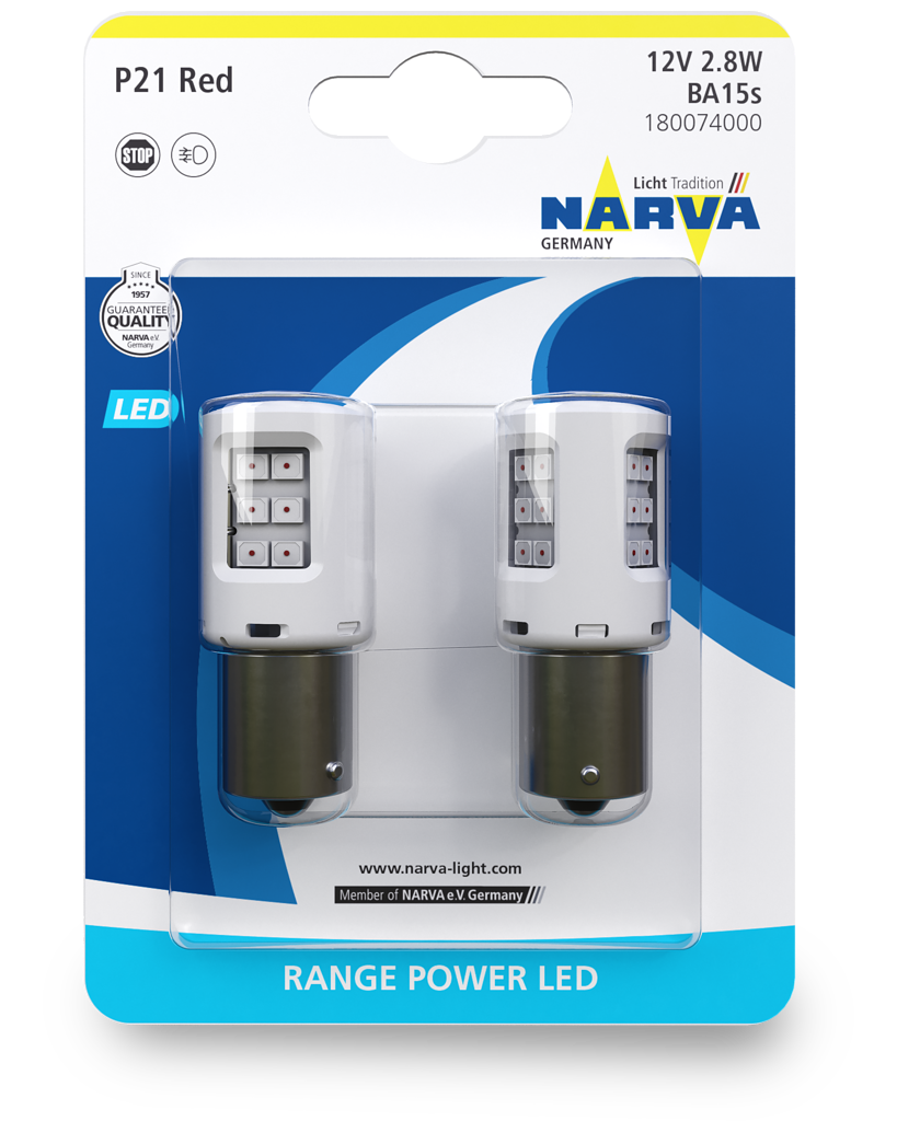 Лампа LED 12V 2,7W P21 BA15s RED-красный (комплект 2шт) Range Power LED - NARVA/180074000