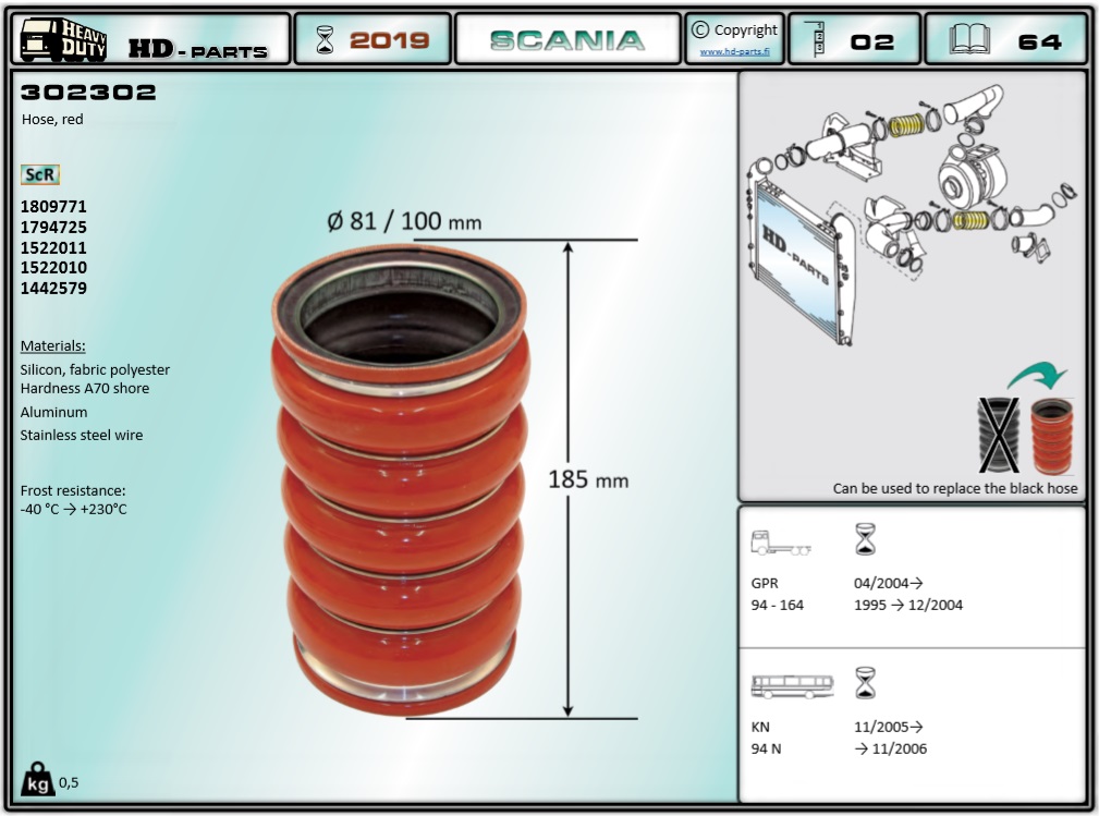 Патрубок интеркулера SCANIA-4/P/G/R/T, Dвн.=80mm/Dнар.=100mm/L=180mm - HD Parts/302302