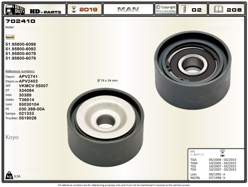 Ролик направляющий MAN TGA/TGX/TGM/TGS D=74/d=20/h=34мм (подшипник Koyo) - HD Parts/702410