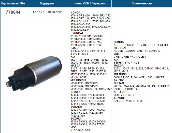 Насос топливный 12V, 3.5 bar, Honda/Hyundai/Kia/Mazda/Mitsubishi/Jeep/Nissan/Subaru/Suzuki - ERA/770044